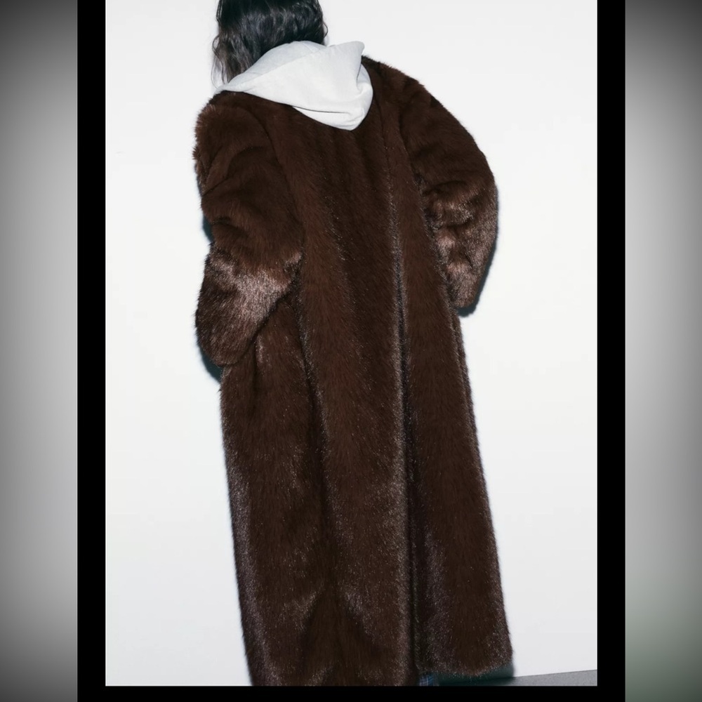Zara Dark Brown Extra Long Faux Fur Jacket - Picture 7 of 10